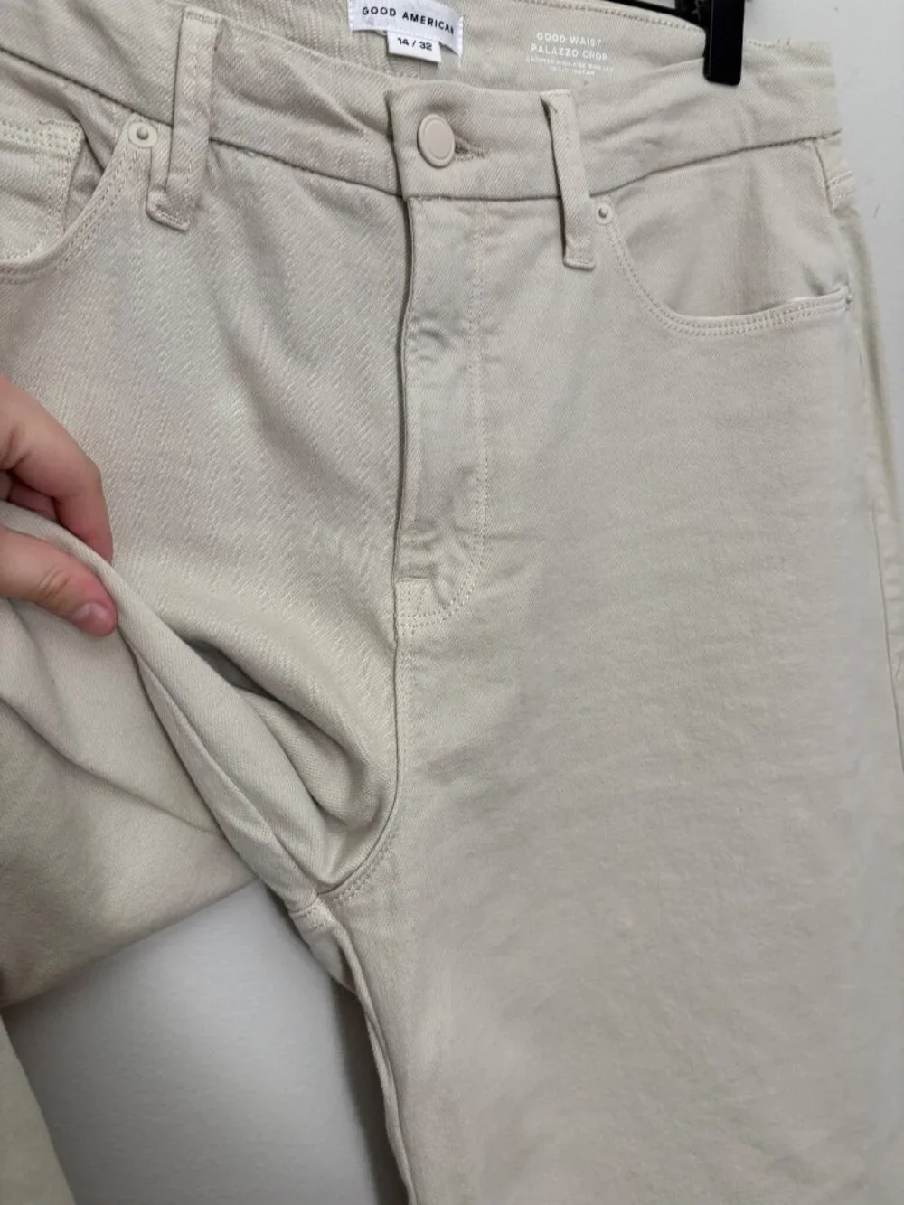 Good American Palazzo Cropped Raw Hem Cream Denim High-Rise Jeans 14 Stretchy - Picture 4 of 13